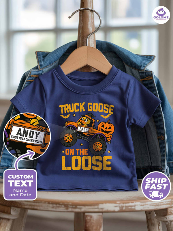 Personalized Baby “Truck Goose On The Loose” Halloween Outfit – Custom Bodysuit & Infant Tee